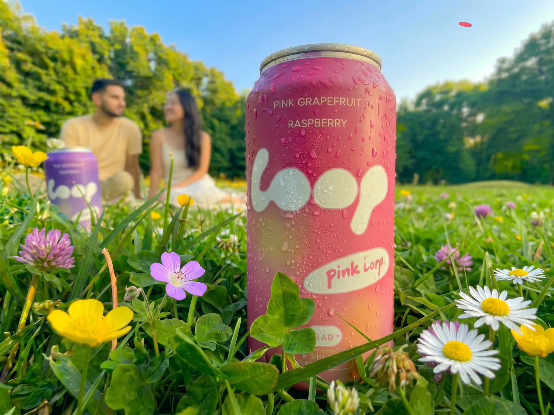 Une canette Pink Loop dans l’herbe, un couple en pique-nique derrière